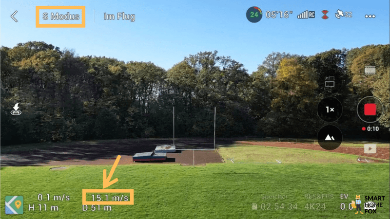 Die DJI Mini 3 Pro erreicht eine Höchstgeschwindigkeit von auf 110 Meter Entfernung im Test auf die Höchstgeschwindigkeit.